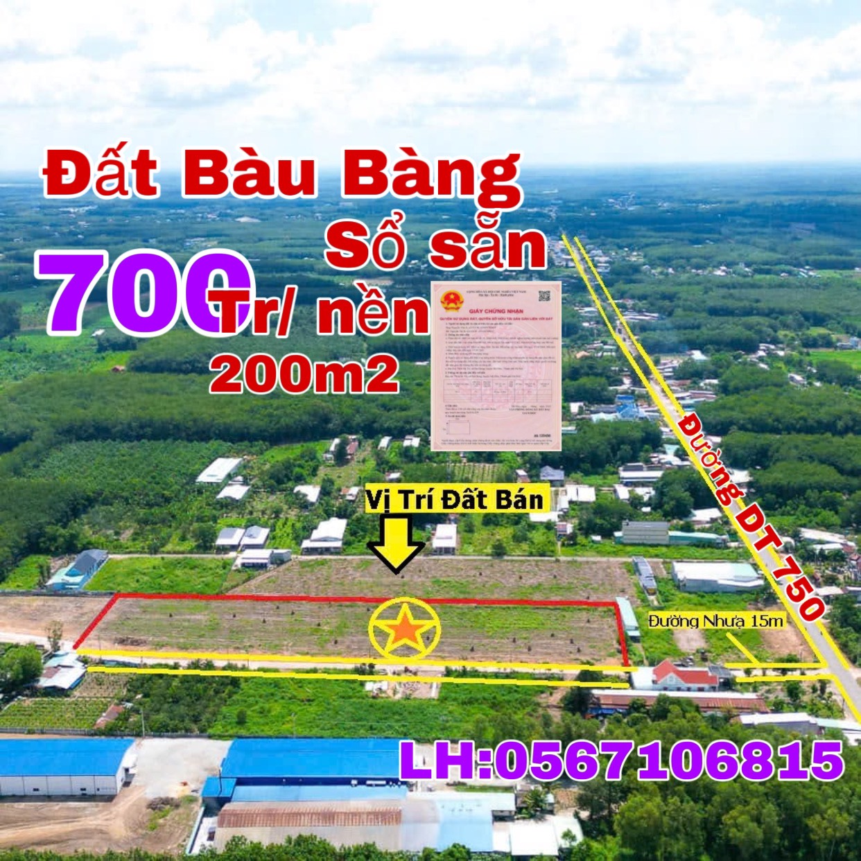 🔥 200m2* sổ sẵn* Giá 700tr Ngay Đường DT750 Trừ Văn Thố, Bàu Bàng